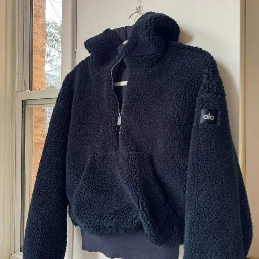Alo Streetside Quarter Zip Hooded Fleece Jacket Navy Blue XS